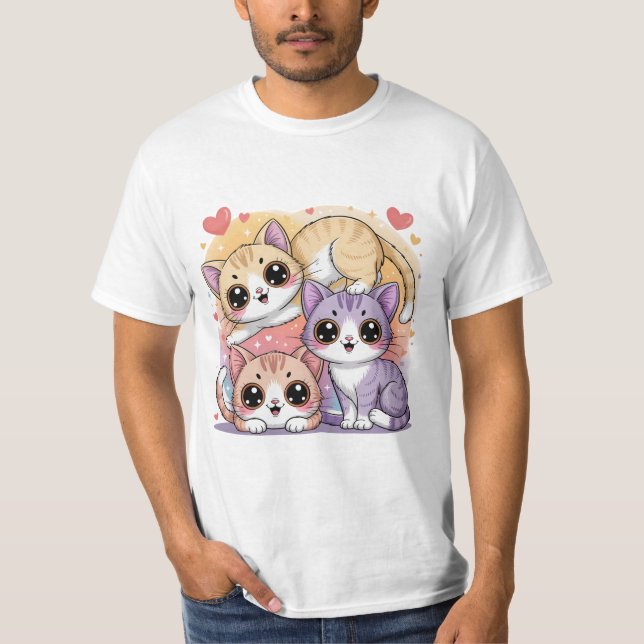 Camiseta Cute Cartoon Kitty Trio with Hearts (Anverso)