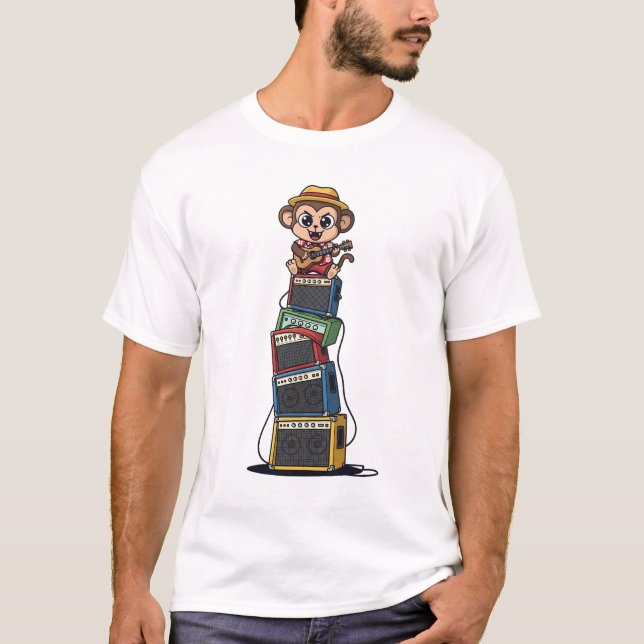 Camiseta Cute Cartoon Monkey Rocker Playing Ukulele (Anverso)