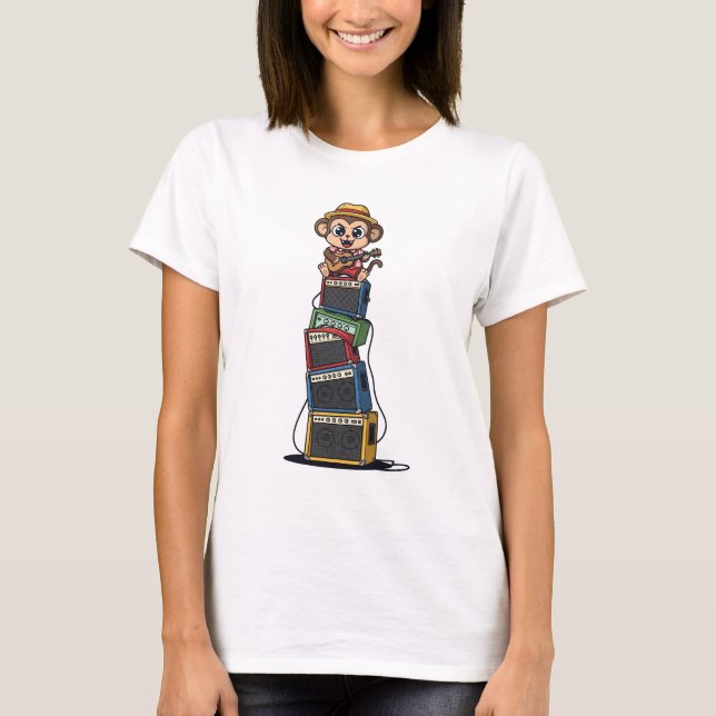 Camiseta Cute Cartoon Monkey Rocker Playing Ukulele (Anverso)
