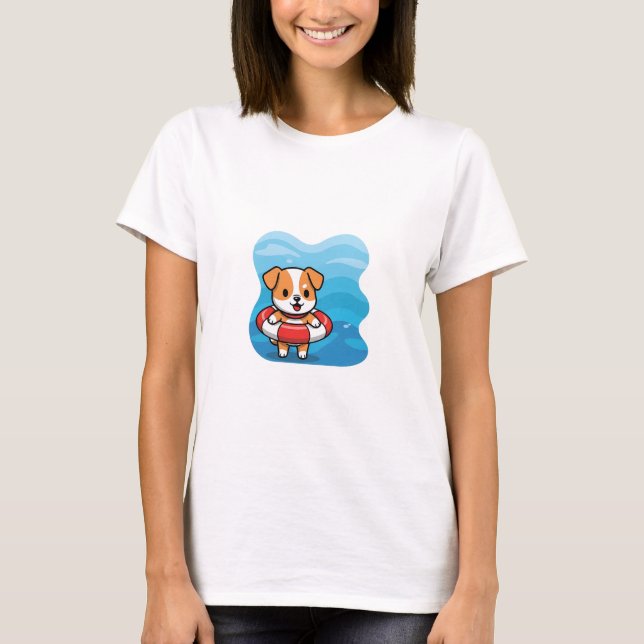 Camiseta Cute Cartoon Puppy Floating in Lifebuoy (Anverso)