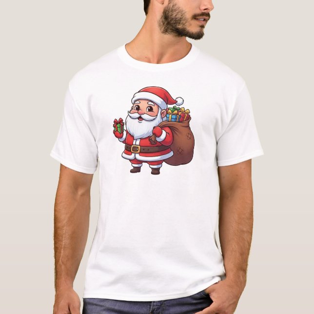 Camiseta Cute Cartoon Santa Claus Holding Gift with Sack   (Anverso)