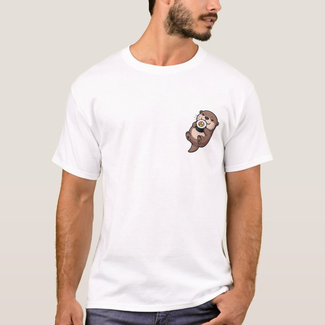 Camiseta Cute Cartoon Sea Otter Floating and Hugging Sushi (Anverso)