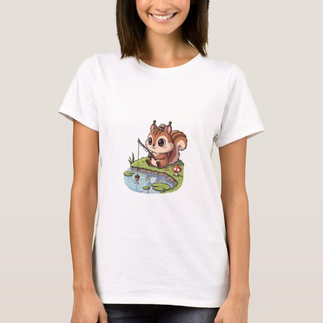 Camiseta Cute Cartoon Squirrel Fishing with Acorn in Pond (Anverso)