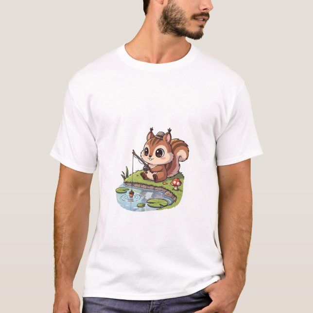 Camiseta Cute Cartoon Squirrel Fishing with Acorn in Pond (Anverso)
