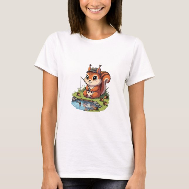 Camiseta Cute Cartoon Squirrel in Hat Fishing with Acorn (Anverso)