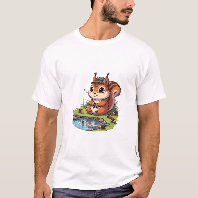 Camiseta Cute Cartoon Squirrel in Hat Fishing with Acorn (Anverso)