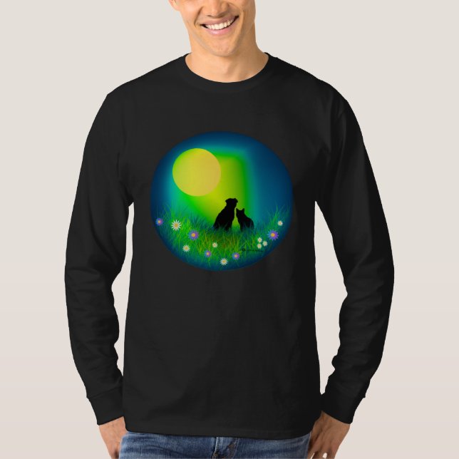 Camiseta Cute Cat and Dog Friends Together Gazing up at the (Anverso)