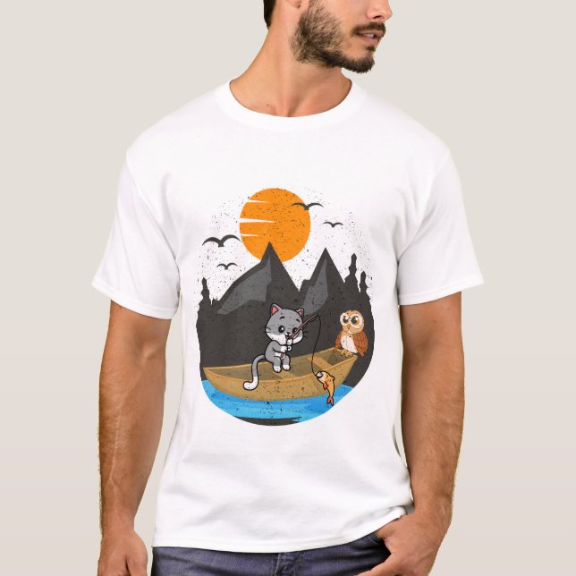 Camiseta Cute Cat And Owl Fishing Boat Nature Art (Anverso)