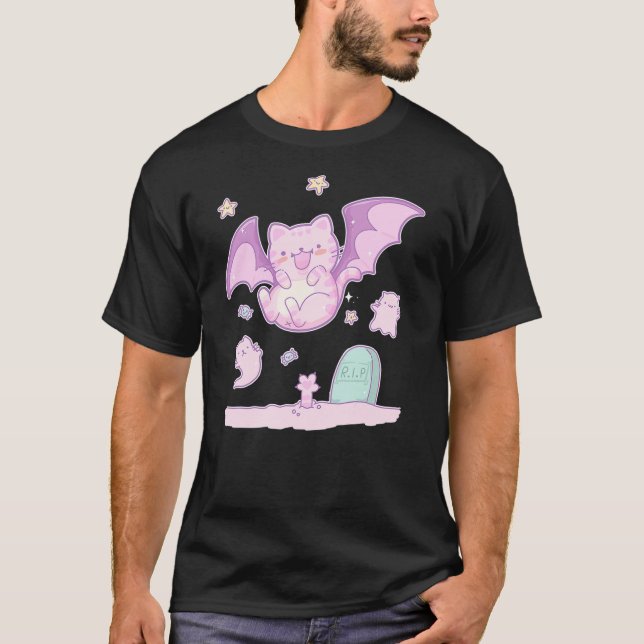 Camiseta Cute Cat Bat & Ghosts Goth Pastel Kawaii Halloween (Anverso)