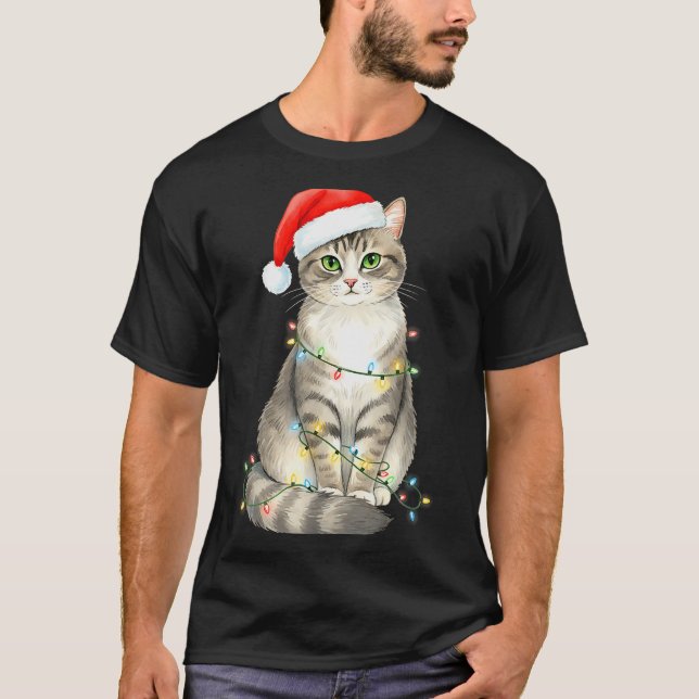 Camiseta Cute Cat Christmas Lights Santa Hat Snow Holiday A (Anverso)