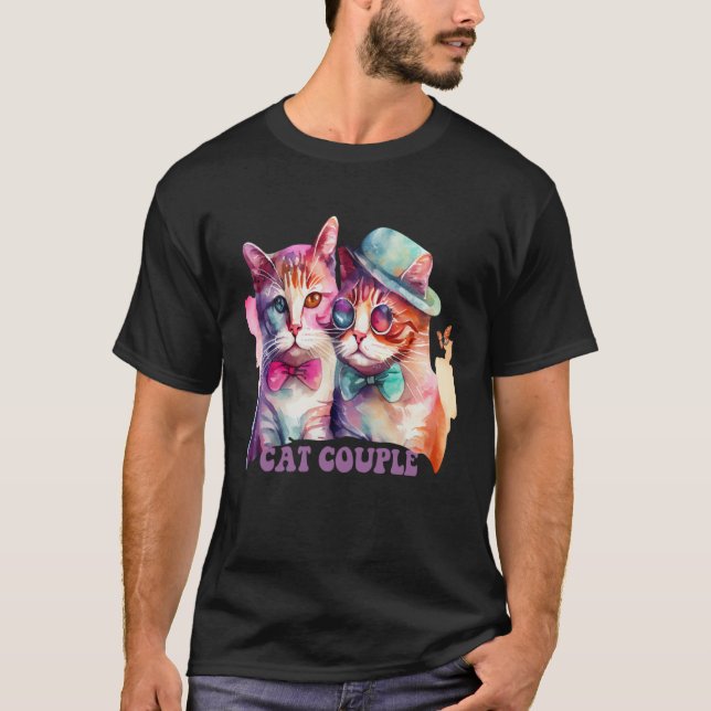 Camiseta Cute Cat Couple With Hat And Glasses For Cat (Anverso)