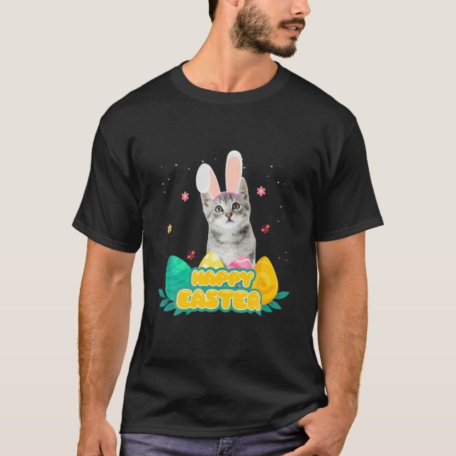 Camiseta Cute Cat Easter Day Bunny Eggys Costume Gift Mens  (Anverso)