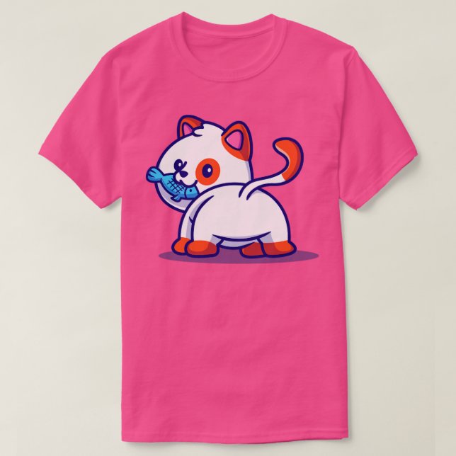 Camiseta Cute Cat Eating Fish Cartoon1 (Diseño del anverso)
