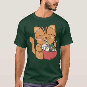 Camiseta Cute Cat Eats Ramen Noodles kawaii Anime Cat 