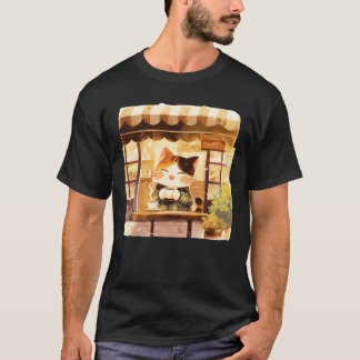 Camiseta Cute Cat Enjoying Coffee at Cozy Cafe Illustration