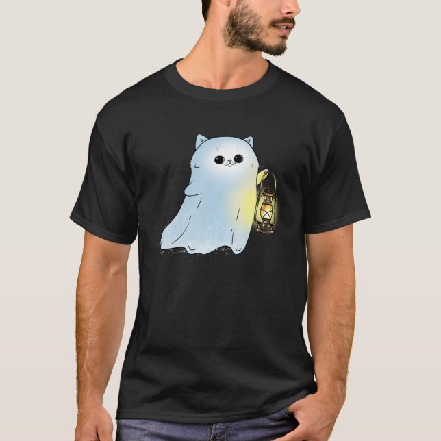 Camiseta Cute Cat Ghost With Lantern Spook Phantom Hallowee (Anverso)