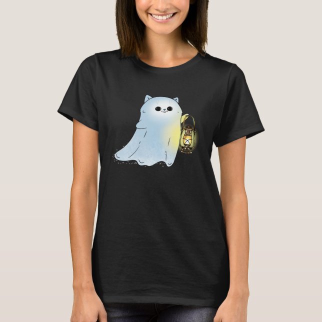 Camiseta Cute Cat Ghost With Lantern Spook Phantom Hallowee (Anverso)