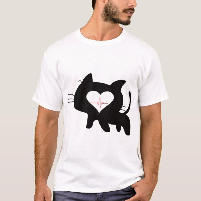 Camiseta Cute Cat Heartbeat Minimalist Black Cat Love (Anverso)
