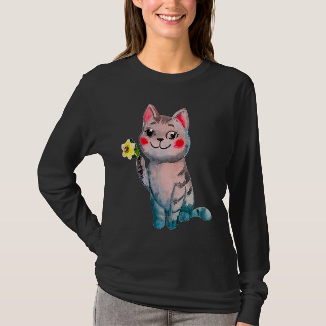 Camiseta Cute Cat Ilustration Y Daffodil March Birt Mont (Anverso)