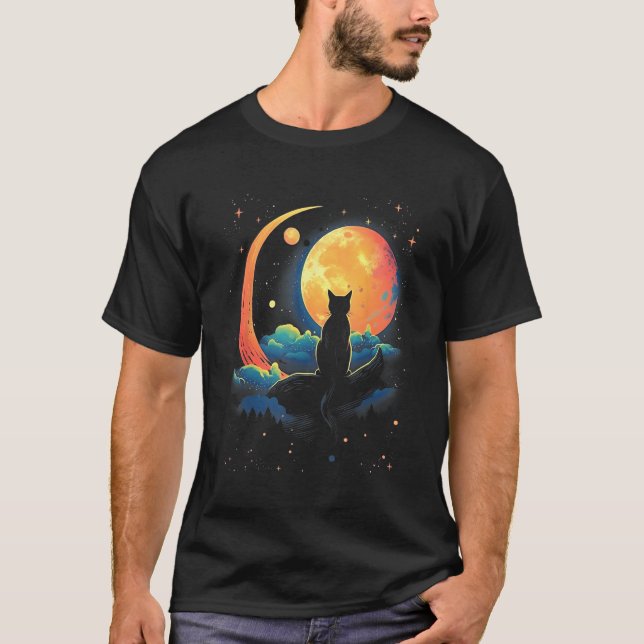 Camiseta Cute Cat Motifs Cat With Moon Night Space Cat (Anverso)