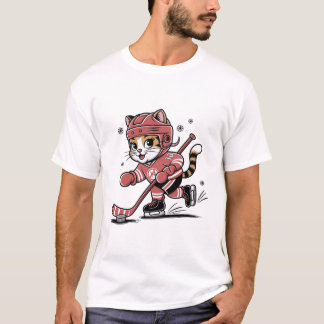 Camiseta Cute Cat Playing Ice Hockey Cartoon Sports Design
