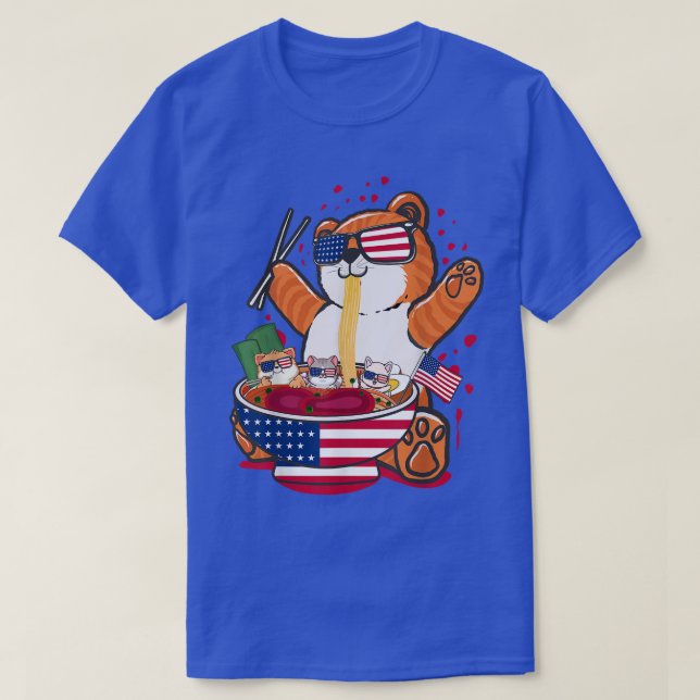 Camiseta Cute Cat Ramen With American USA Flag Pattern  (Diseño del anverso)