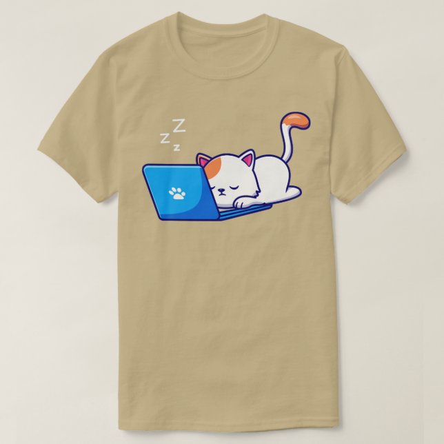 Camiseta Cute Cat Sleeping And Working On Laptop (Diseño del anverso)