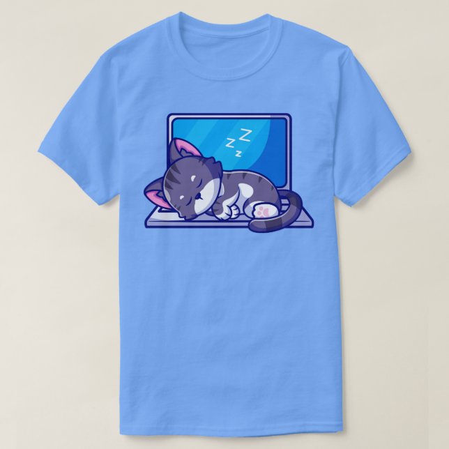 Camiseta Cute Cat Sleeping On Laptop Cartoon (Diseño del anverso)