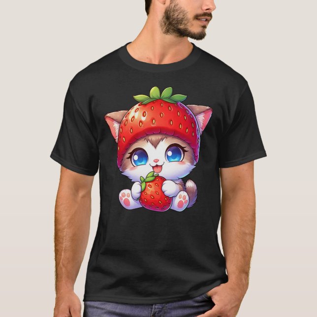 Camiseta Cute Cat Strawberry Fruit Quirky Hat (Anverso)