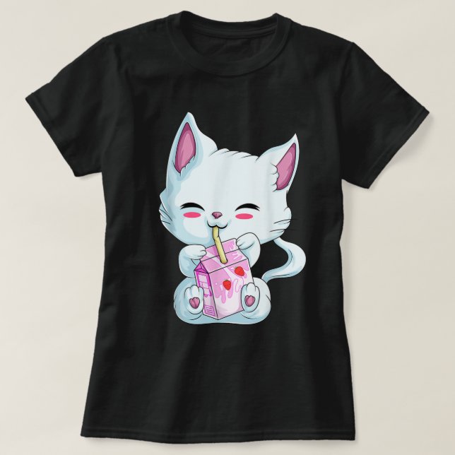 Camiseta Cute Cat Strawberry Milk Shirt For Women Girls, Ka (Diseño del anverso)