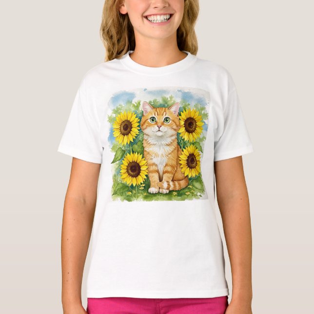 Camiseta Cute Cat Sunflowers para niños (Anverso)