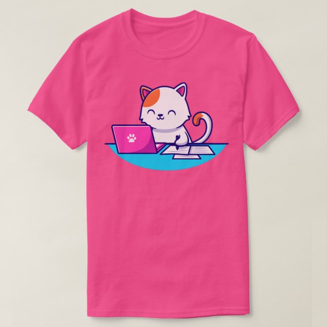 Camiseta Cute Cat Trabajando Con Laptop Y Escribiendo En Pa (Diseño del anverso)