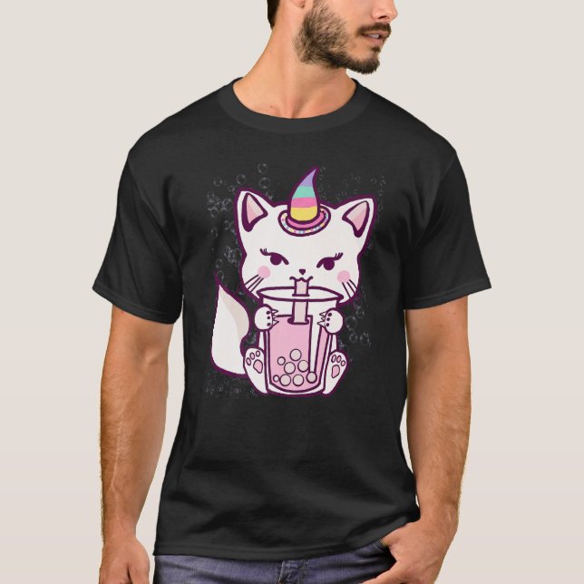Camiseta Cute Cat Unicorn Drinking Bubble Tea (Anverso)