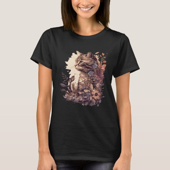 Camiseta Cute Cat Watercolor Botanical Garden Aesthetic Cat (Anverso)