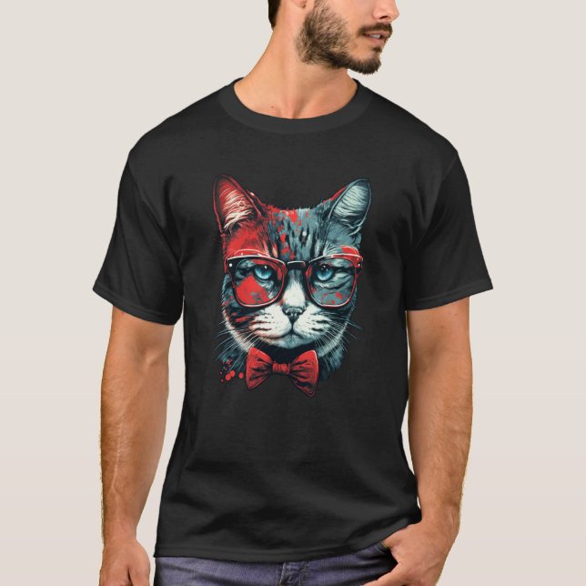Camiseta Cute Cat wearing bow tie and red sunglasses cat (Anverso)