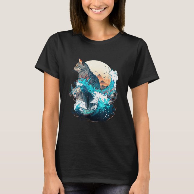 Camiseta Cute Cat with a ocaen wave Illustration 1 (Anverso)