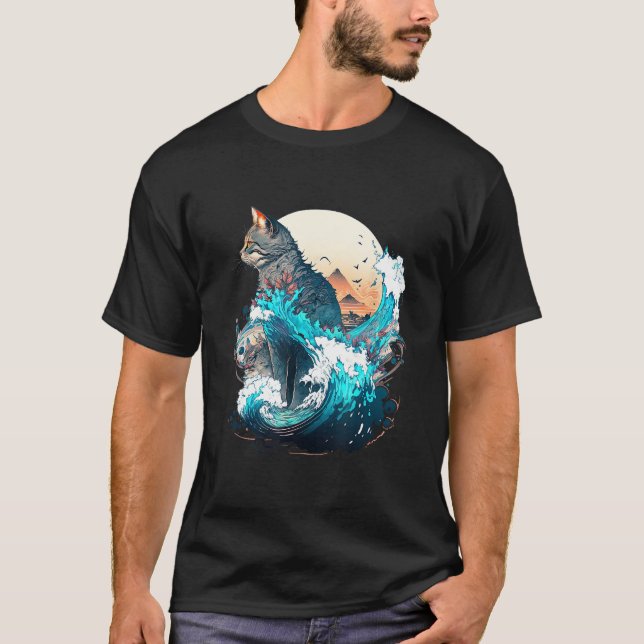 Camiseta Cute Cat with a ocaen wave Illustration 1 (Anverso)