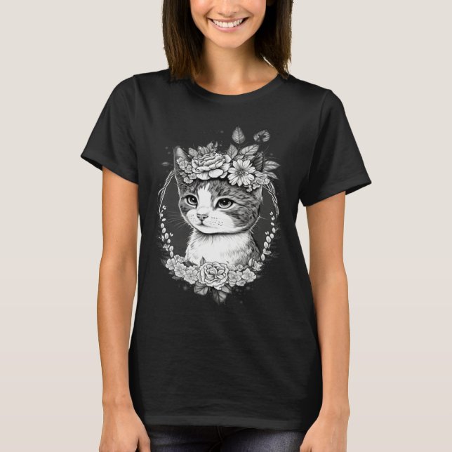 Camiseta Cute Cat with Floral Headband Cat Mom (Anverso)