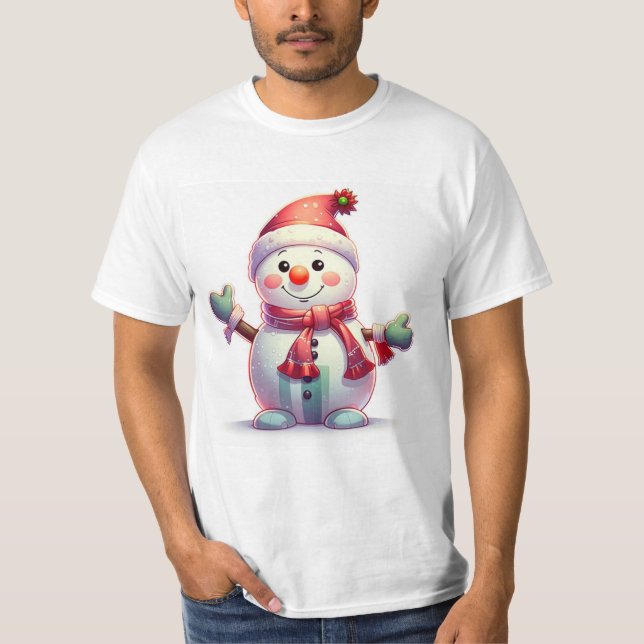 Camiseta Cute Cheerful Snowman Wearing Santa Hat and Scarf (Anverso)