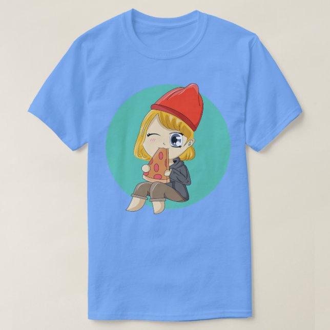 Camiseta Cute Chibi Chica Comer Pizza53 160 (Diseño del anverso)