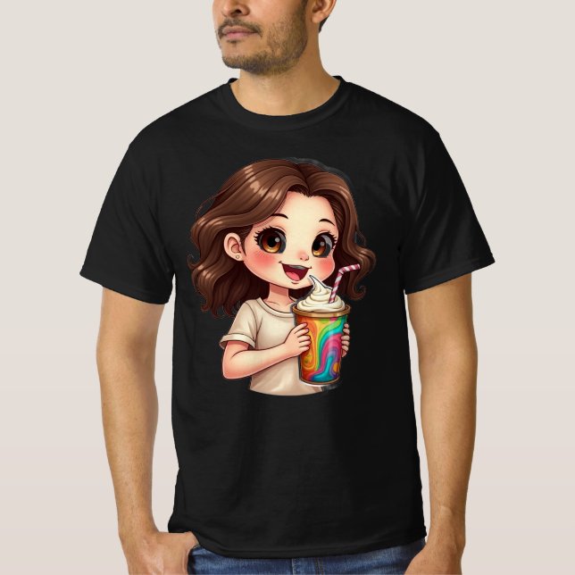 Camiseta Cute Chibi Girl with Rainbow Swirl Drink" 🧁🌈 (Anverso)