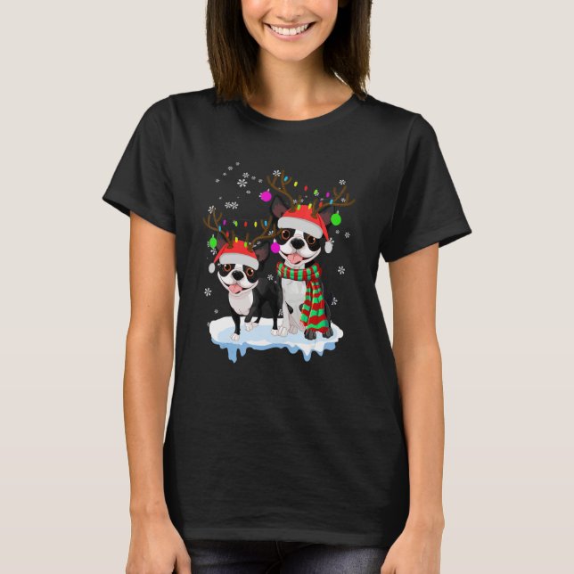Camiseta Cute Christmas Boston Terrier Santa Hats Reindeer  (Anverso)