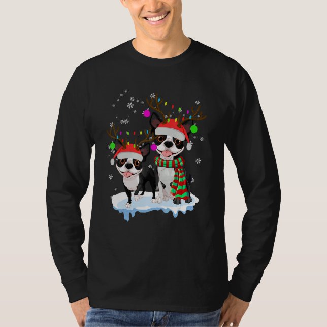 Camiseta Cute Christmas Boston Terrier Santa Hats Reindeer  (Anverso)