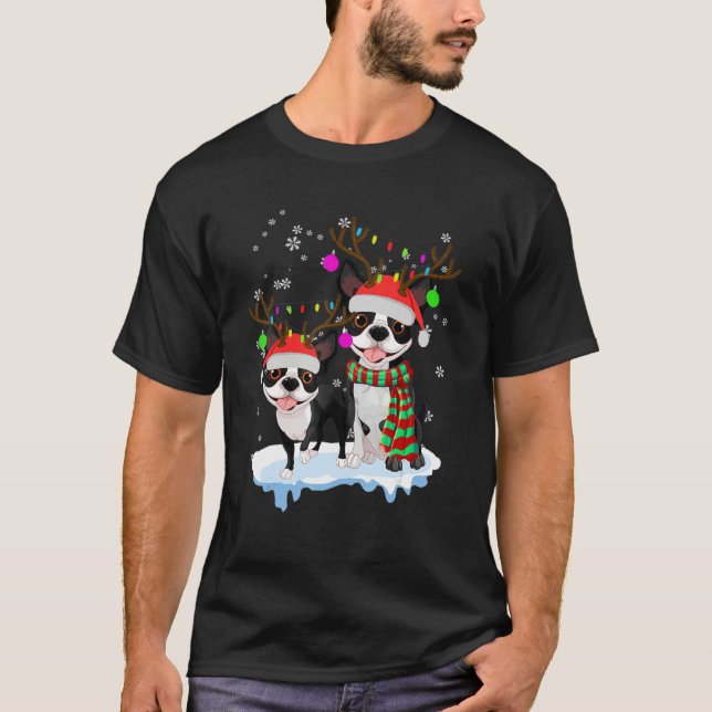 Camiseta Cute Christmas Boston Terrier Santa Hats Reindeer  (Anverso)