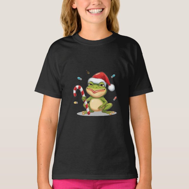 Camiseta Cute Christmas Frog With Candy Cane - Funny Holida (Anverso)