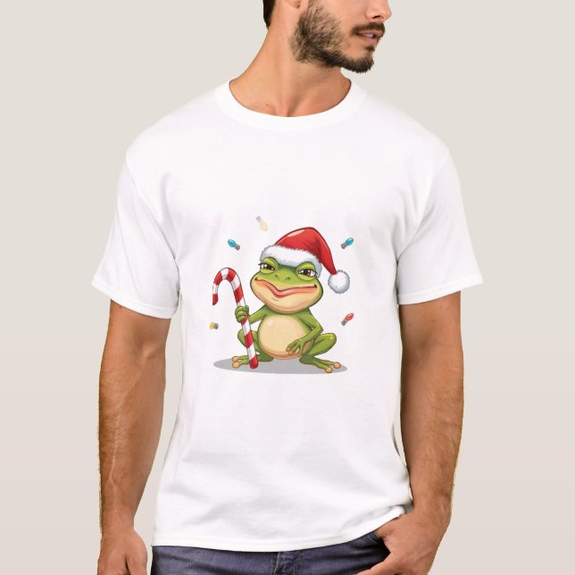 Camiseta Cute Christmas Frog With Candy Cane - Funny Holida (Anverso)