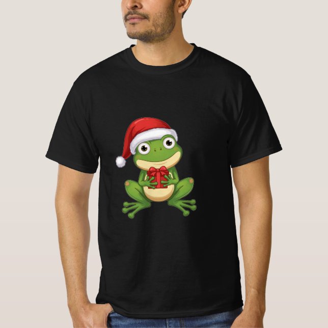 Camiseta Cute Christmas Frog with Santa Hat and Gift |  Fun (Anverso)