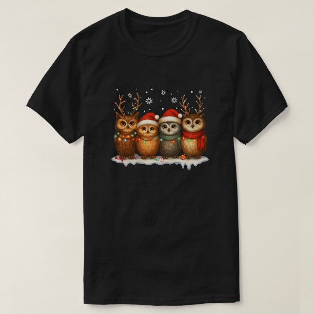 Camiseta Cute Christmas Owls with Santa Hats & Reindeer  (Diseño del anverso)
