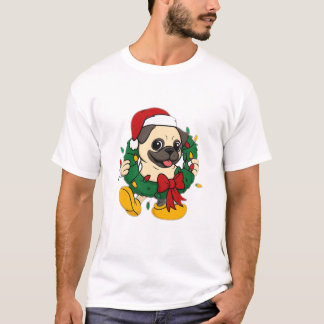 Camiseta Cute Christmas Pug with Festive Wreath