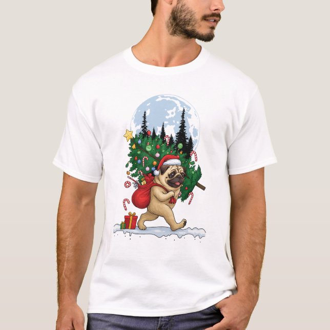Camiseta Cute Christmas Pug With Tree and Gifts  (Anverso)